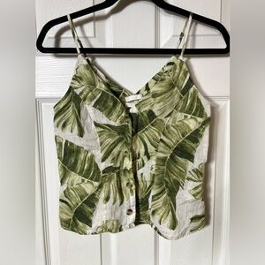 H&M Linen Tank Top Crop Cropped Tank Ivory/Green Palm Leaf Palm Leaves XS